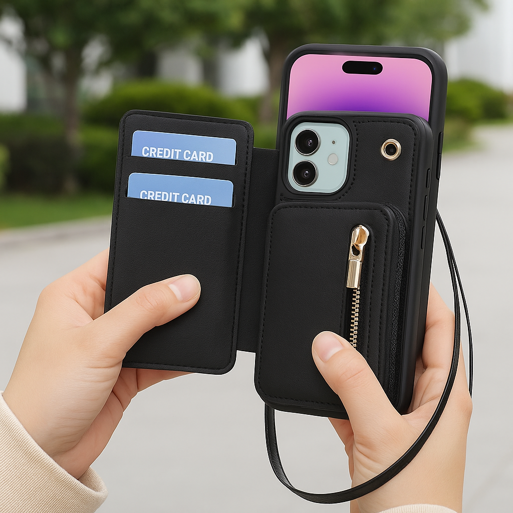 iPhone-Brieftaschenhülle mit Kartenhalter und Reißverschlusstasche | Abnehmbarer Umhängegurt