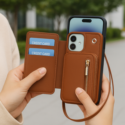 iPhone-Brieftaschenhülle mit Kartenhalter und Reißverschlusstasche | Abnehmbarer Umhängegurt