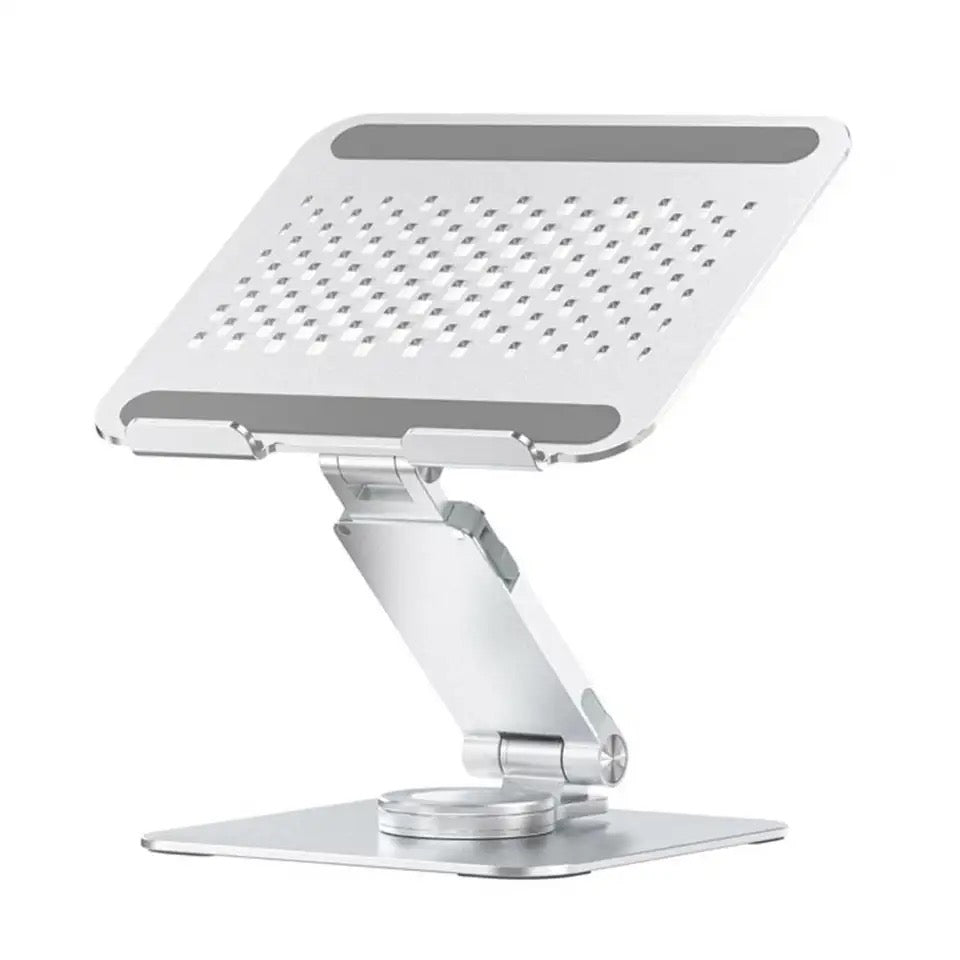 360-degree adjustable aluminum laptop stand, foldable desktop holder with anti-slip base, silver color