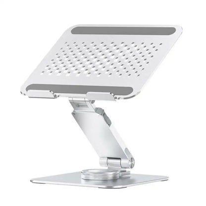 360-degree adjustable aluminum laptop stand, foldable desktop holder with anti-slip base, silver color