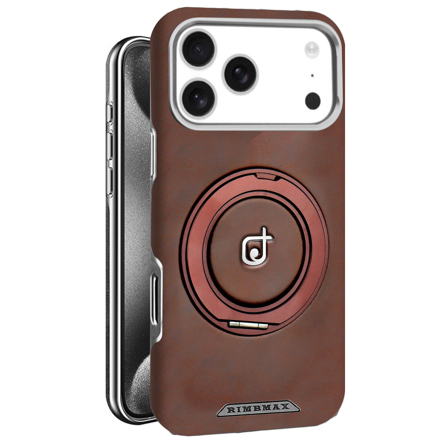 Brown phone case with circular design and Rimmax branding on a white background