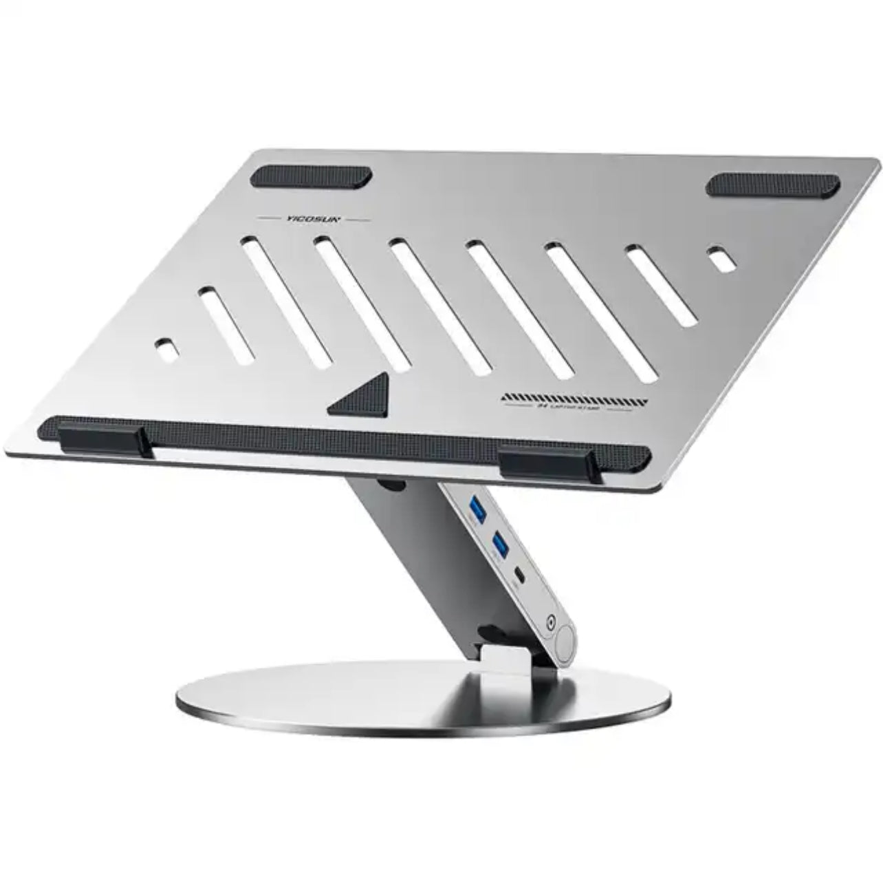 6-in-1 aluminum laptop stand with USB hub, 360-degree rotation, adjustable height, and heat dissipation for MacBook and PCs