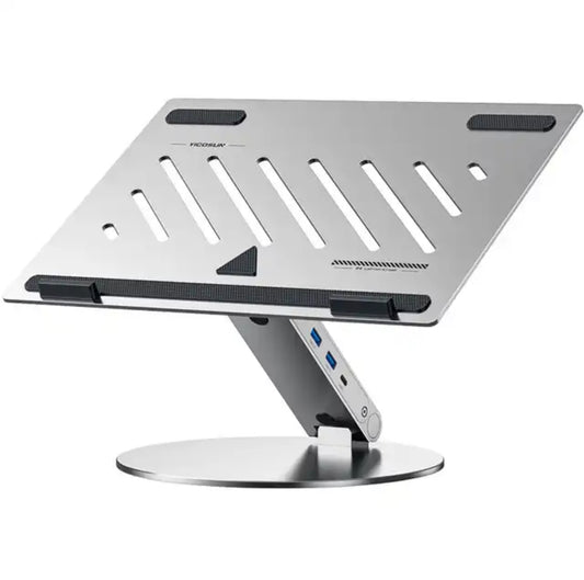 6-in-1 aluminum laptop stand with USB hub, 360-degree rotation, adjustable height, and heat dissipation for MacBook and PCs