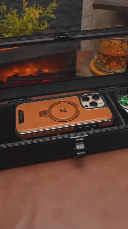 Luxuriöse MagSafe iPhone-Hülle aus Leder mit integriertem Ständer – für alle, die echte Qualität schätzen